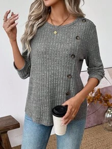 SHEIN LUNE Wish European & American Button Slit Ribbed Knit Crew Neck Long Sleeve Top - Grey - View 6