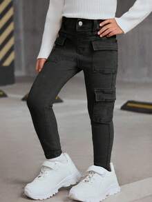 SHEIN Young Girl Washed Slim Fit Cargo Jeans - Black - View 2