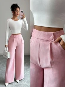 Elenzga 女士粉色竹纤维面料腰部前片搭扣设计优雅教师制服专业休闲裤，感恩节、万圣节必备百搭宽松直筒裤 - 粉色 - 查看 1