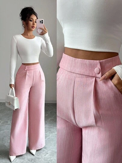 Elenzga 女士粉色竹纤维面料腰部前片搭扣设计优雅教师制服专业休闲裤，感恩节、万圣节必备百搭宽松直筒裤