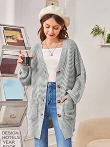 SHEIN Cárdigan de manga larga con cuello en V de color gris sólido para adolescentes en otoño/invierno - Gris - Ver 4