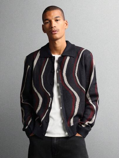 SUMWON كارديجان مصنوع من الأكريليك بنمط موجي مائل، كنزة صوفية محبوكة للخريف والشتاء، ملابس كاجوال كلاسيكية بطراز رجعي، ذات ياقة وملمس كروشيه