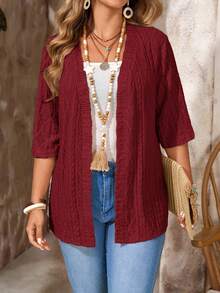 EMERY ROSE Women Plus Size Casual Loose Solid Color Short Sleeve Jacket - Burgundy - View 6