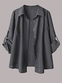 Linhara Plus Size Women's Casual 2 Pieces Set, Solid Color Turndown Collar Single-Breasted Casual Commuter Shirt And High Waist Loose Wide Leg Pants Suit