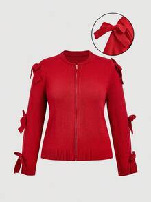 SHEIN MOD Cárdigan de punto con cremallera delantera abierta, manga larga y decoración de lazo rojo, talla grande