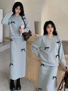 少女蝴蝶结装饰运动衫和裙子套装 - 淺灰色 - 查看 1