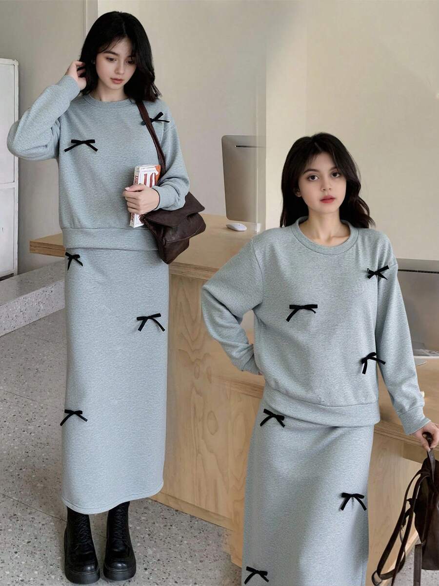 少女蝴蝶结装饰运动衫和裙子套装 - 淺灰色 - 查看 1