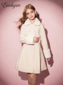 Fall Winter Vintage Tween Girls Casual Elegant Basic Coat With Fur Collar, Bow Decor, A-Line, Autumn/Winter Girls Dress Coat Girls Winter Coat Tween Dress Coat Girls Overcoat Girls Coat