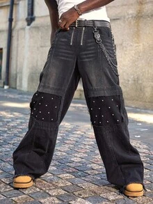 ROMWE MEN Street Life Men's Loose Fit Casual Jeans With Pockets And Pearl Decor, Grunge