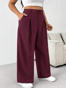 SHEIN PETITE CURVE Quần ống rộng cài nút màu trơn cỡ lớn cho mùa thu/đông - Màu Đỏ Sâu - Xem 4