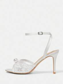 CUCCOO HITCHD White Pointed Toe Stiletto Heel Lace Mesh Pearl Elegant Wedding Party Women's High Heel Sandals For Christmas - White - View 8