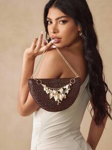 SHEIN SXY 女士，女式手提包，草编包，橙色，夏季度假，海洋元素链条装饰，时尚，优雅，简约，个性化，多功能，适合海滩，度假，假日，夏季，海边草编包（可拆卸装饰链） - 咖啡 - 查看 2