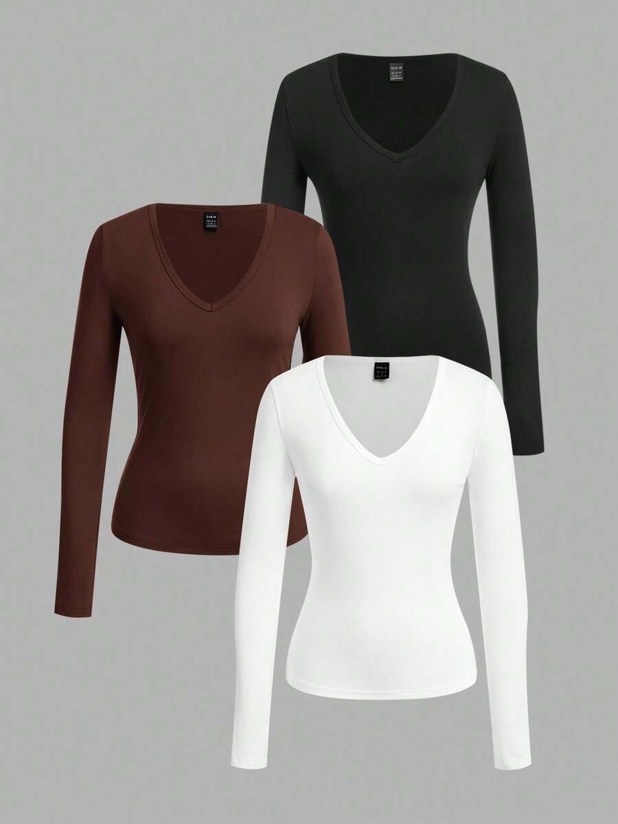 SHEIN EZwear 3 件套女士深 V 领修身休闲长袖 T 恤套装,适合秋冬季 - 彩色 - 查看 1