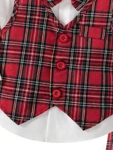 SHEIN 3pcs Baby Boy Gentleman Outfit Set,Red And White Plaid Pants,Bowknot Vest,Elegant Wedding Suit For Summer Birthday Party,Christening,Formal Occasions - Red - View 6