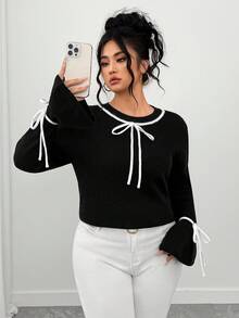 Elenzga Suéter de cuello redondo de manga larga con lazo y bloque de color para tallas grandes - Blanco y Negro - Ver 7