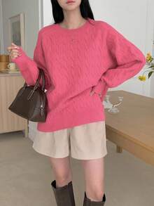 DAZY Suéter casual de punto de cable de cuello redondo de manga larga y ajuste holgado de unicolor rosa para mujer, otoño/invierno