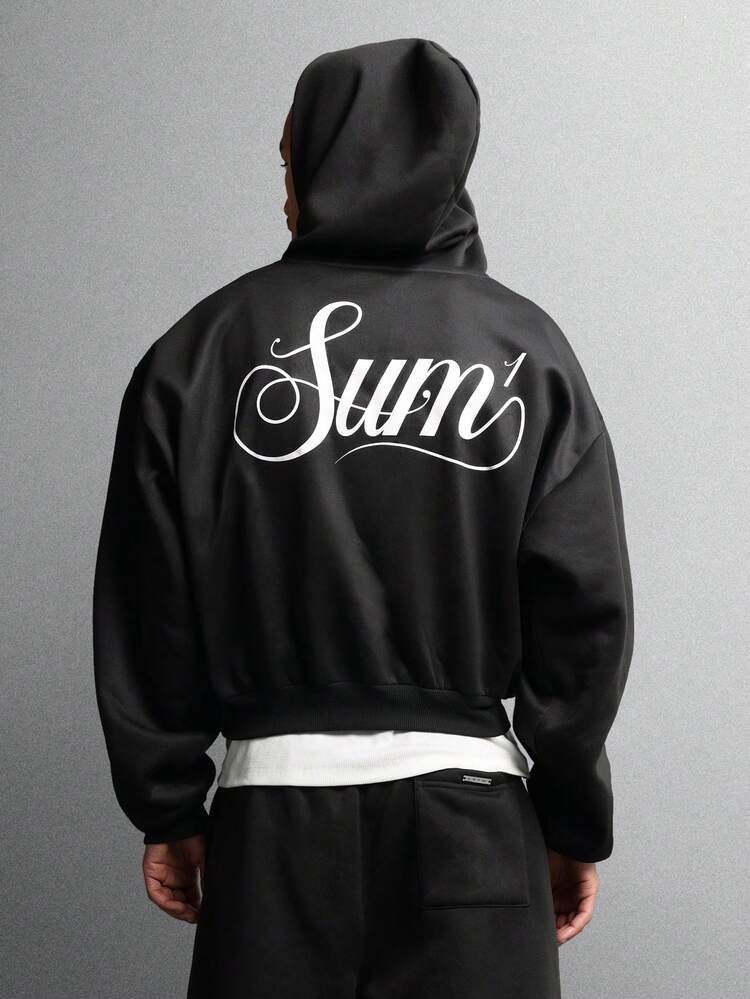 Script Print Pullover Hoodie With Centre Pocket