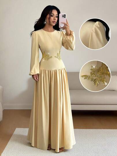 Elenzga Robe longue à manches longues, évasée à la taille, avec broderie florale élégante. Convient pour Halloween, Noël, Nouvel An, Thanksgiving, fêtes décontractées, mariages, remises de diplômes. Robe tissée jaune clair