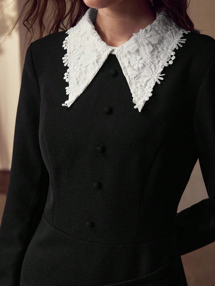 WATER-SOLUBLE 3D EMBROIDERED 2 IN 1 COLLAR DECOR COLLEGIATE STYLE ELEGANT WOMEN SHORT DRESS