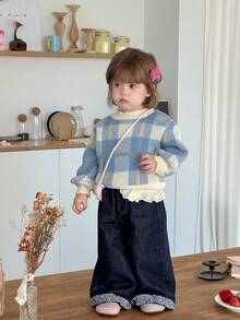 DAZY 女宝宝格子针织毛衣韩版甜美清新长袖秋冬 - 藍色 - 查看 3