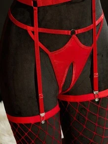 SpicyHot 红色 PU 皮革透明娃娃装，配有细肩带和朋克风格设计渔网袜开裆内衣红色内衣套装渔网内衣红色渔网开裆内衣套装，外出 - 紅色 - 查看 4