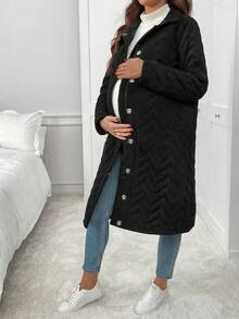 SHEIN معطف أمومة عملي أحادي اللون بتصميم بسيط وطويل ودافئ 3 في 1 - الأسود - مشاهدة 4