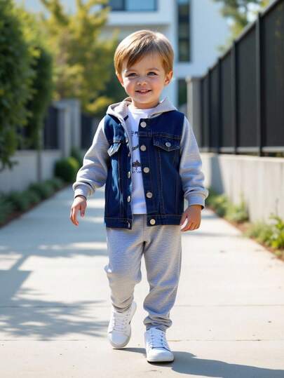 2 件套返校男孩秋冬蓝色拼布水洗牛仔夹克开衫外套和休闲灰色运动裤套装，适合居家、户外和学校风格