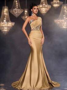 Glamrae Elegante y grácil top tubo asimétrico de punto en color albaricoque brillante con puntadas y lentejuelas, hombro asimétrico, pieza flotante de hombro asimétrico extra larga, hermoso bordado pesado, cintura transparente, parche de espina de pescado, forma de cola de pez. Adecuado para citas, baile, cena, eventos de boda, ceremonia de graduación, vestido de noche elegante - Albaricoque - Ver 7