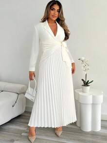 Xyvia 女士优雅束腰褶饰纽扣衬衫裙，适合秋冬季通勤、办公室、婚礼活动 - 米色 - 查看 4