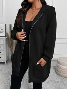 SHEIN LUNE Plus Size Women Hooded Zip-Up Long Sleeve Casual Long Hoodie Plus Size Hoodies For Women Plus Size Black Zip Up Hoodie Black Zip Up Jacket Women Plus Size Zip Up Jacket Black Zip Up Hoodie Plus Size Hoodies Women 8xl Women Clothes Plus Size Jacket Black Clothes For Women In Fall/Winter - Black - View 3