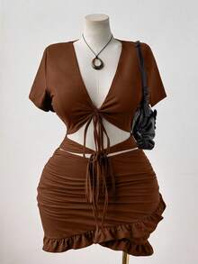 Sunspun Vestido ceñido de mujer talla grande de unicolor con escote en V sexy, cintura fruncida y recortes, para mujer - Óxido marrón - Ver 1
