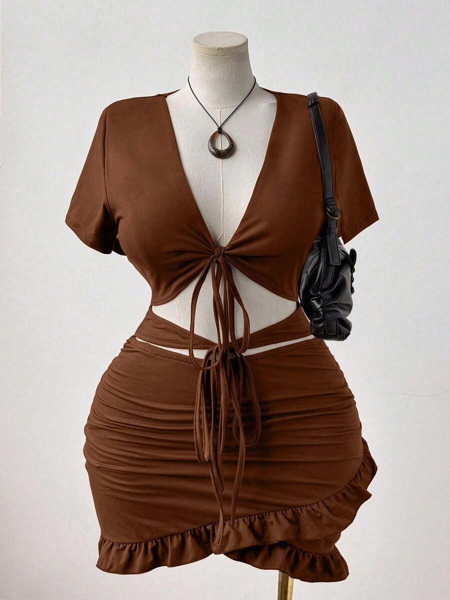 Sunspun Vestido ceñido de mujer talla grande de unicolor con escote en V sexy, cintura fruncida y recortes, para mujer - Óxido marrón - Ver 1