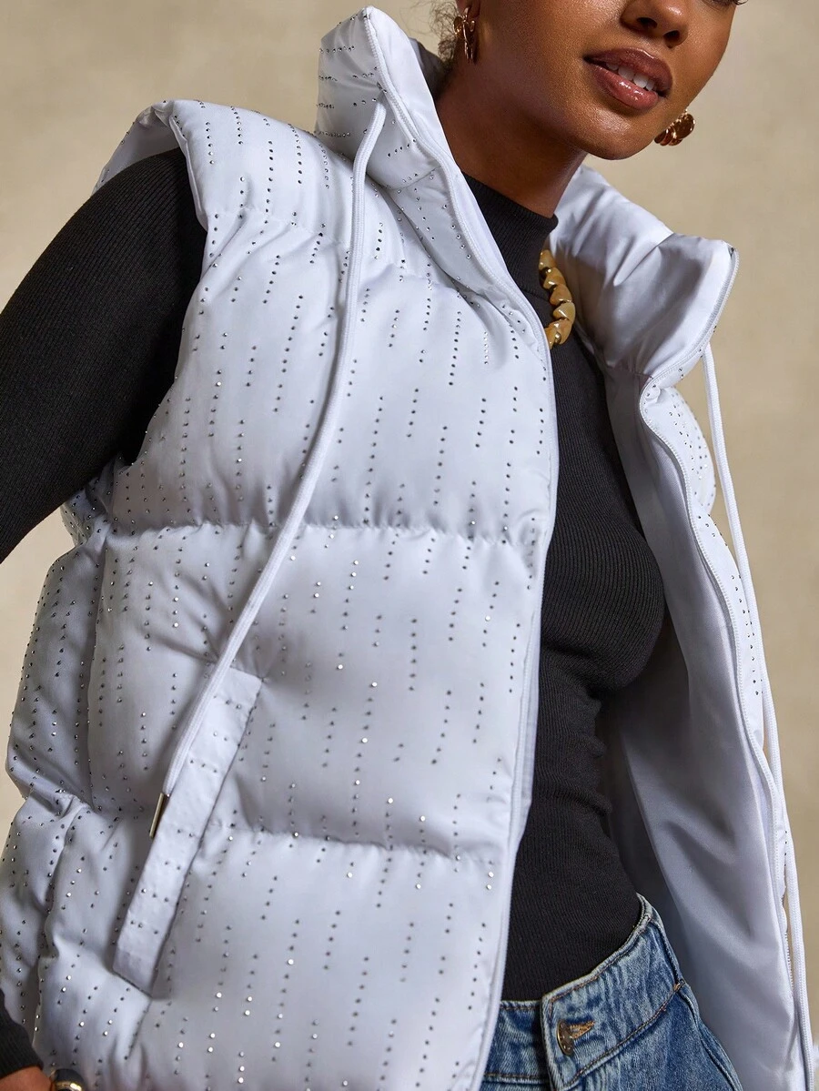 Bóhologie Women's Black Sleeveless Puffer Vest With Silver Dot Pattern And Front Zip Closure, Stylish And Warm Outerwear, Waterproof Fabric Vests Outerwear Women Cold Weather - White - View 1