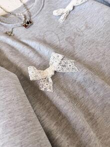 Girls' Casual Long Sleeve Dress With Rhinestone Pattern, Lace Bow Decor, Suitable For Walking, Travel, Shopping, Vacation, Can Be Paired With Jacket, Vest Fall Winter - Grey - View 3