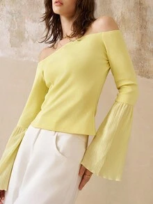 Cévolie 女式纯色露肩喇叭袖时尚毛衣，秋季 - 黃色 - 查看 7