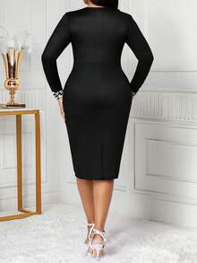 SHEIN Lady Robe ajustée élégante de style navette en patchwork pied-de-poule - Noir et Blanc - Voir 2