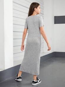 Vestido largo y cómodo para niñas adolescentes con diseño de costillas verticales y abertura lateral para el verano - Gris - Ver 2