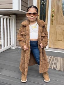 Dziewczęca kurtka polarowa w jednolitym kolorze, w kolorze koralowym, średniej długości, z kołnierzem wykładanym, z długim rękawem, odpowiednia na jesień/zimę