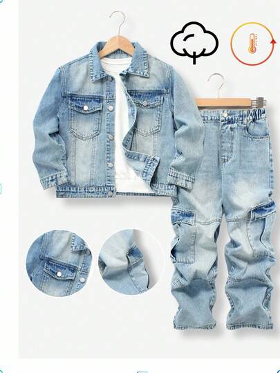 青少年男孩两件套牛仔套装，2025 秋冬新品，时尚休闲牛仔夹克 + 多口袋工装牛仔裤套装，宽松版型，中腰设计，舒适，浅蓝色牛仔布，复古做旧，Y2K，街头潮流，休闲，复古，宽松，直筒，适合日常穿着、上学、通勤、派对、居家、返校、度假