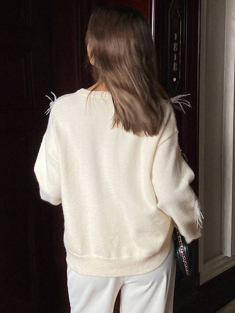 Women's Solid Color Rhinestone & Feather Decor Loose Fit Crew Neck Long Sleeve Casual Elegant Knit Sweater, Autumn/Winter