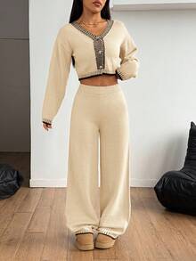 SHEIN PETITE 女士毛呢宽松家居两件套西装居家舒适休闲套装 - 杏色 - 查看 3