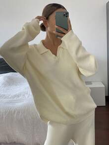 Livesso Conjunto de dos piezas de top holgado de cuello en V y pantalones casuales de punto para mujer en otoño - Albaricoque - Ver 4