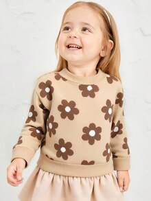 Cozy Pixies Suéter de cuello redondo de manga larga con estampado floral para niña, versátil y cómodo - Multicolor - Ver 3