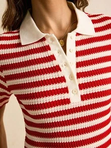 Poéselle Women's Casual Striped Button-Up Short Sleeve T-Shirt, Summer, Red And White Top, Red Stripe Knit Top, Knit Top Women, Stripe Top