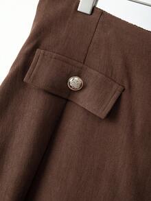 Franclia Plus Size Elastic Waist Button A-Line Long Black Skirt, Elegant Casual For Dates And Gatherings - Brown - View 5