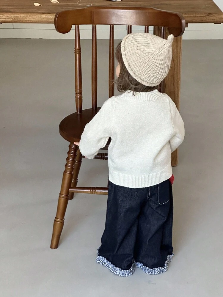 Baby Girl Cartoon Bear Crew Neck Long Sleeve Sweater, Korean Style Fall, Winter Toddler Girls Clothes