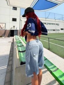 Bearsaez Shorts de mezclilla casuales simples con bolsillo delantero y efecto desgastado para mujer - Azul - Ver 2
