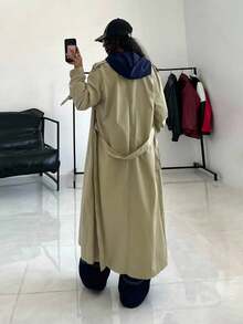 StreetHx Women's Solid Color Real Pocket Waist Tie Long Trench Coat, Autumn - Khaki - View 2