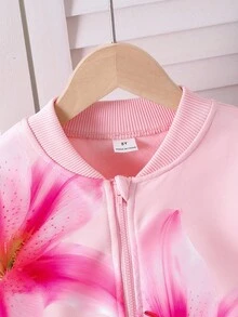 Girls' Pink Casual Jacket With Printed Design Fall Winter - Pink - View 7