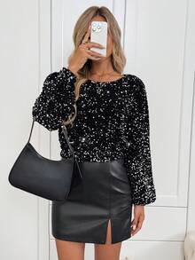 SHEIN LUNE 女士休闲圆领亮片拼接缎带派对衬衫亮片上衣闪光上衣闪亮上衣女式亮片上衣秋季女装冬季女装长袖上衣外出上衣女士商务休闲黑色上衣亮片上衣派对上衣优雅女士衬衫，休闲 - 黑色 - 查看 6